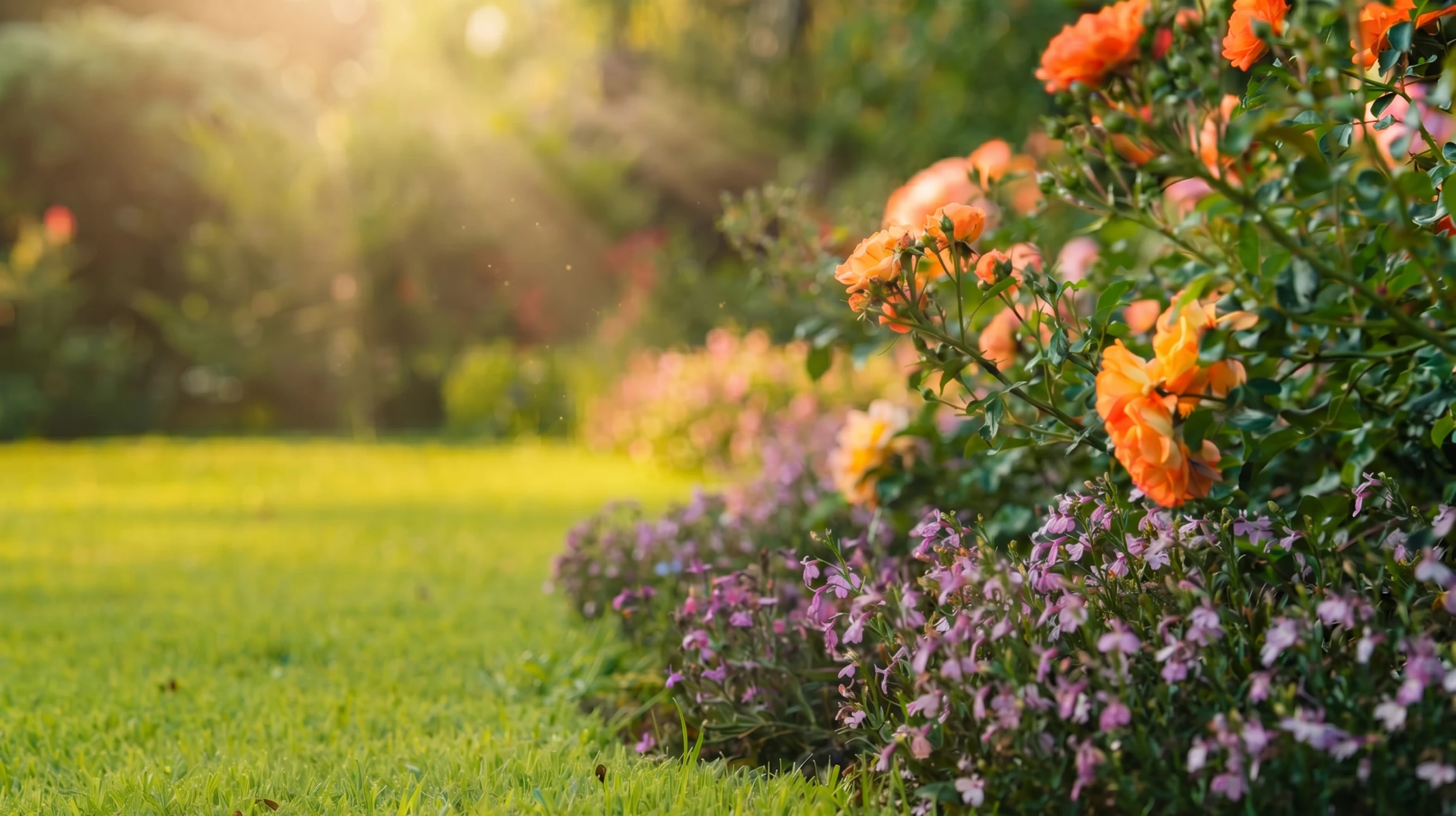 Un beau paysage de l'arrière-cour et une composition de fleurs et d'arbustes sur fond de clôture en bois